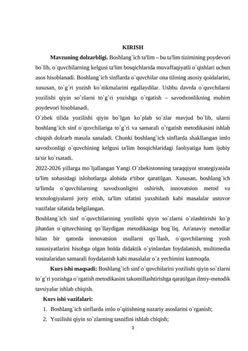 BOSHLANG`ICH SINF O`QUVCHILARINI YOZILISHI QIYIN SO`ZLARNI YOZISHGA O`RGATISH 3