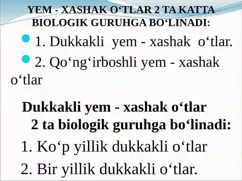 YEM-XASHAK O‘TLAR. YEM-XASHAK O‘TLAR AHAMIYATI. BEDA BIOLOGIYASI VA YETISHTIRISH TEXNOLOGIYASI 3