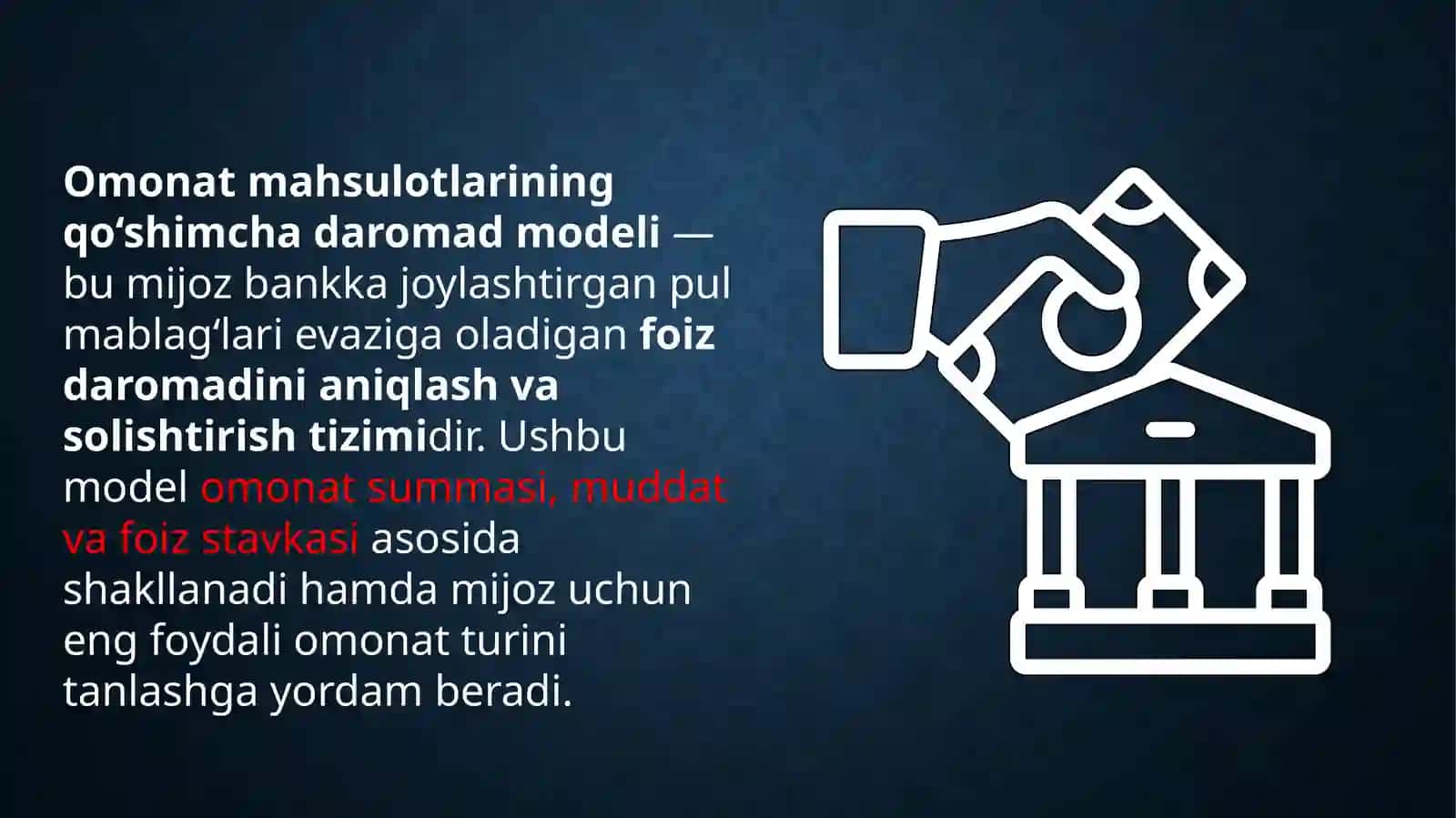 Omonat mahsulotlarining qo‘shimcha daromad modeli. (3 ta bankning omonatlari turlari bo‘yicha real daromadni Excel hisob-kitobi bilan taqdimotda aks ettiring) 3