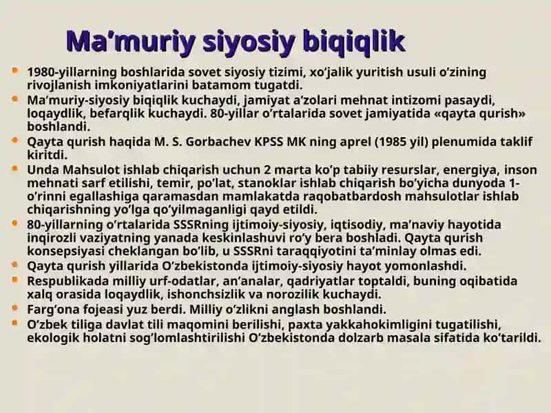 Mustaqillikka erishish arafasida O’zbekistondagi ijtimoiy-iqtisodiy jarayonlar 3