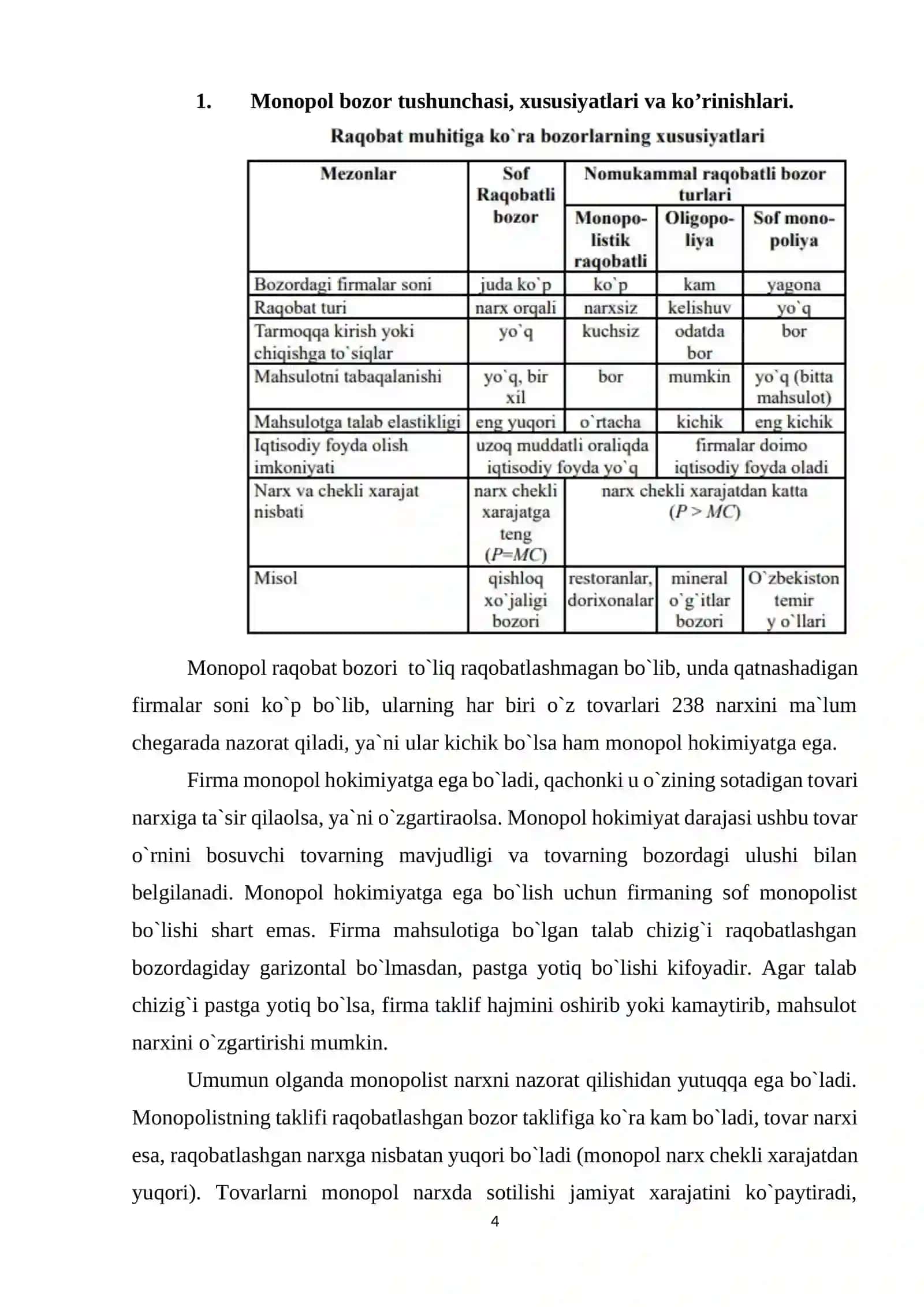Raqobatlashmagan bozor sharoitida monopol narx belgilash va bozor hokimiyati 3
