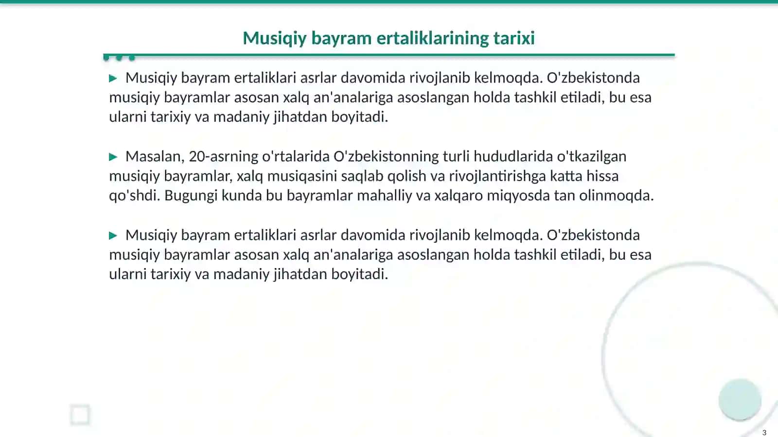 Musiqiy bayram ertaliklari va ko'ngil ochar o'yinlar 3