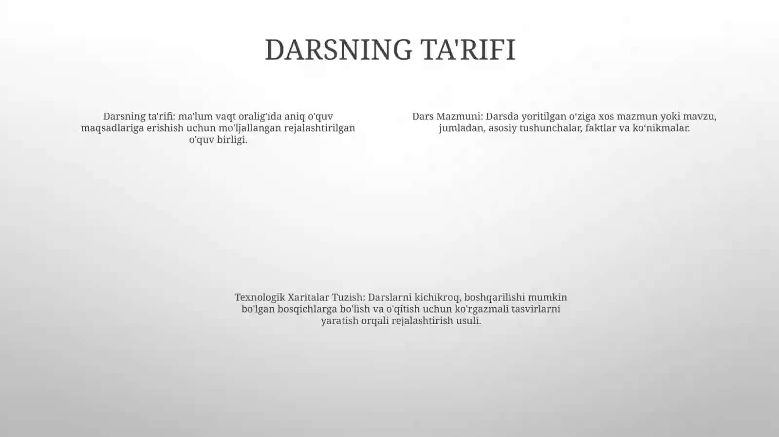 Dars. Dars Mazmuni. Texnologik Xaritalar Tuzish. Muammoli Dars Va Uni Tashkil Qilish Usullari. Darsni Tahlil Qilish 3