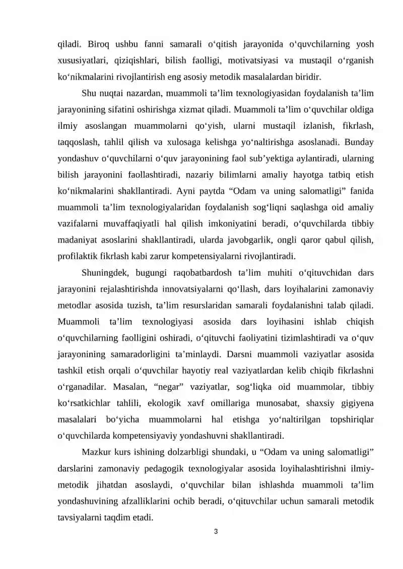 Odam va uning salomatligi darslarida muammoli ta’lim texnologiyasidan foydalanib loyihalashtirish 3