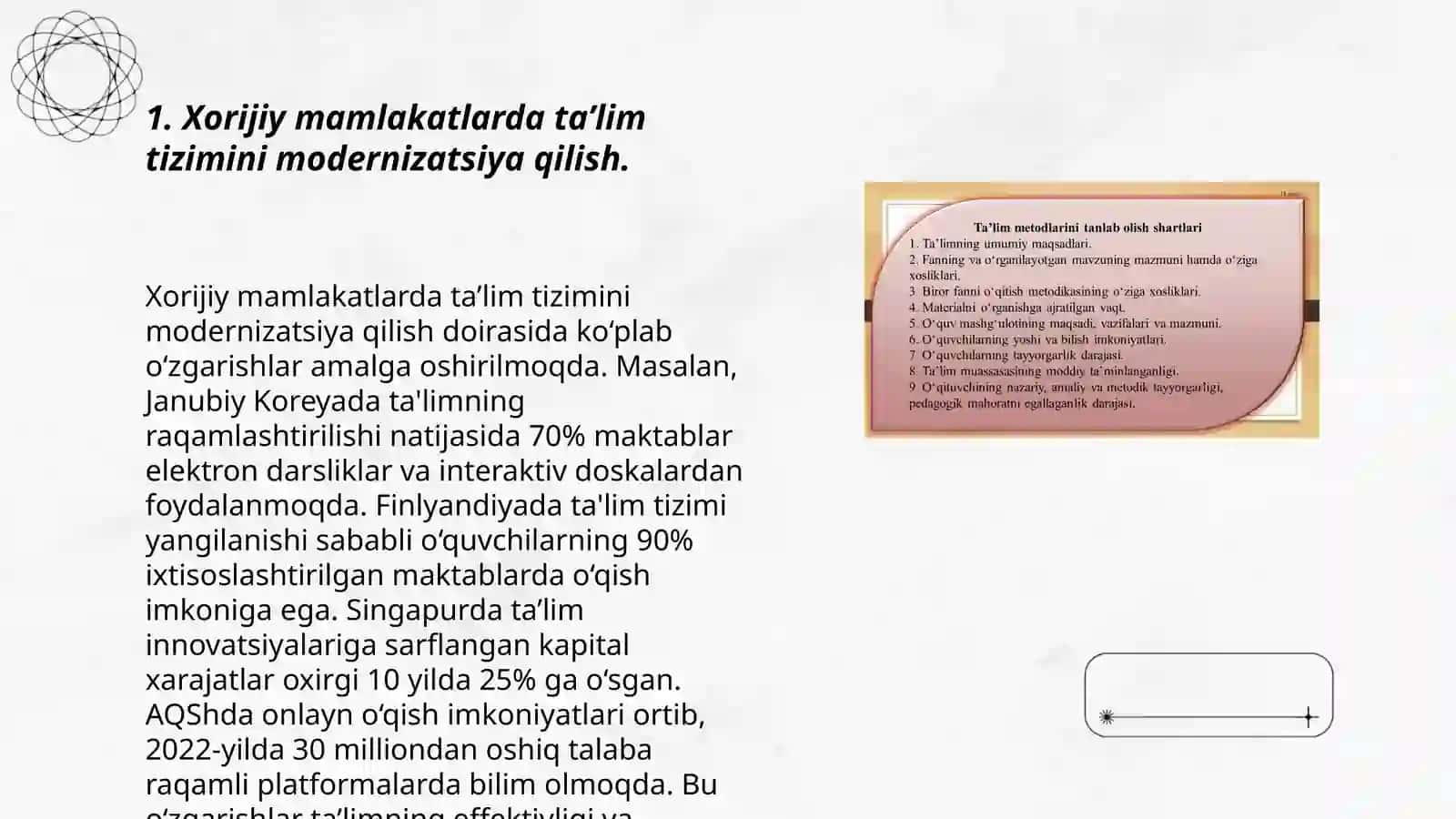 Xorijiy mamlakatlarda ta’lim taraqqiyotining asosiy yo’nalishlari va ilg’or xorijiy tajribalar. Rivojlangan mamlakatlar ta’lim tizimida nazorat qilish va baholashning zamonaviy ko’rinishlari 3
