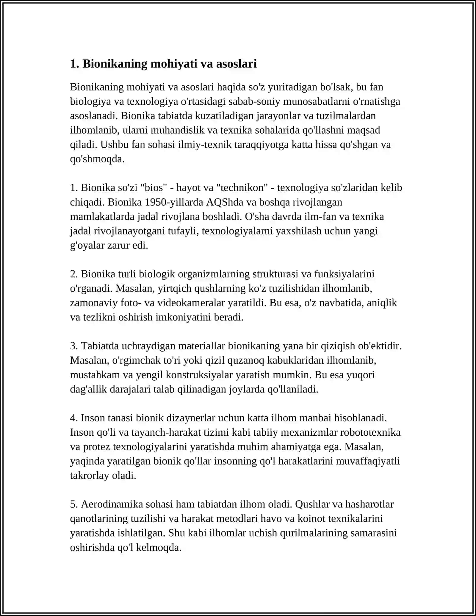 MUSTAQIL ISH Mavzu: BIONIKA ASOSLAR VA UNI INSON HAYOTIDAGI O'RNI 3