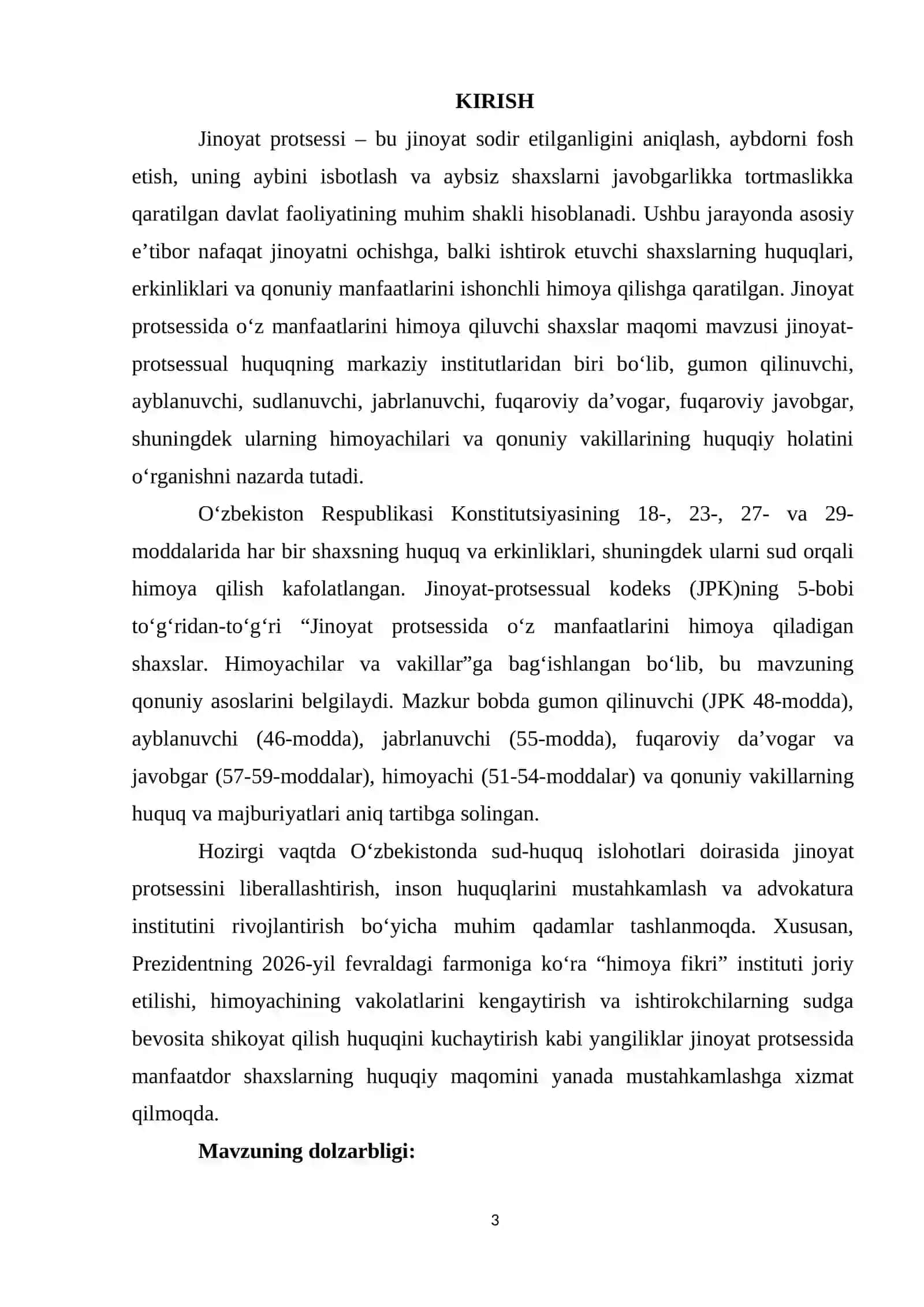 Jinoyat protsessida o‘z manfaatlarini himoya qiluvchi shaxslar maqomi. 3