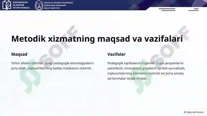 Uzluksiz metodik xizmat va metodbirlashmalar faoliyatini tashkil etish va boshqarish 3