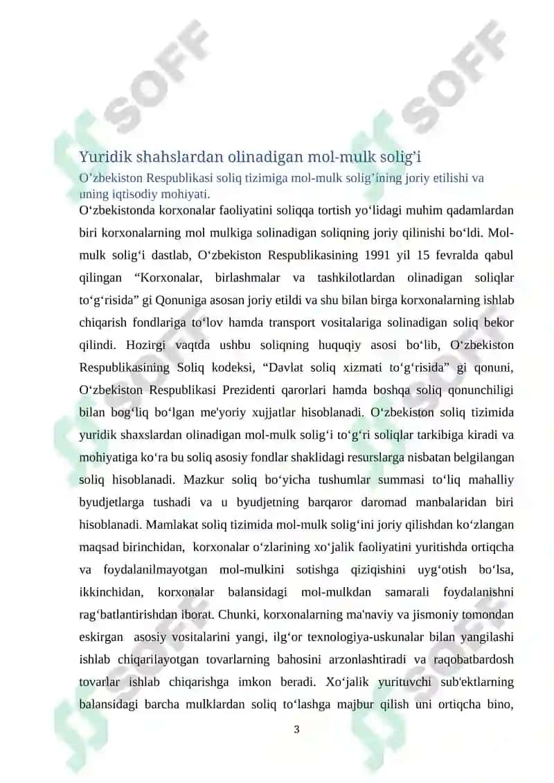 Mol mulk va mulkiy daromadlarga soliq solish.Tadbirkorlik subyektlarini soliqqa tortish mexanizmi. 3