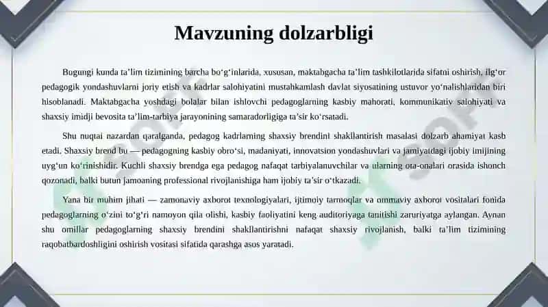 Maktabgacha Ta'lim Tashkilotida Pedagog Kadrlarning Shaxsiy Brendini Shakllantirish 3
