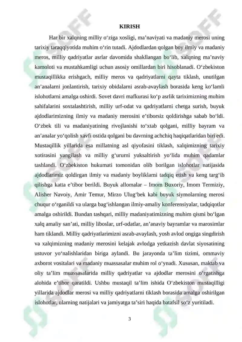Mustaqillik yillarida ajdodlar merosi va milliy qadriyatlarni tiklash borasidagi amalga oshirilgan islohotlar 3