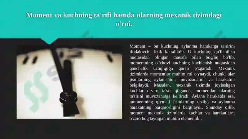 Moment va kuchning ta'rifi hamda ularning mexanik tizimdagi o'rni 3