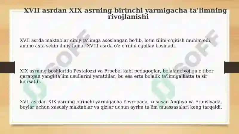 XVII asrdan19 asrning birinchi yarmigacha tarbiya, maktab va pedagogik fikrlar rivoji 3