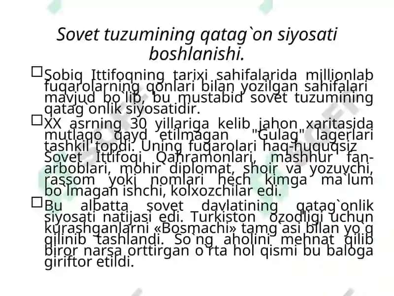 Mustavid tuzum davrida O'zbekistondagi qatag'onlik siyosatining asosiy bosqichlari 3