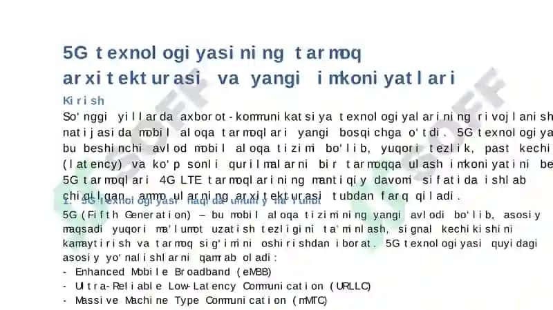 5Gtexnologiyasining tarmoq arxitekturasi va yangi imkoniyatlari 3