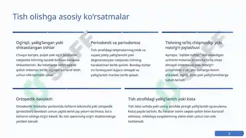 Tish olish operatsiyalari: Ko‘rsatmalar, Qarshi Ko‘rsatmalar va Kasallarni Kuratsiya Qilish 3