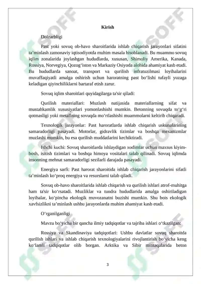 Past yoki sovuq ob-havo sharoitlarda ishlab chiqarish sifatini ta'minlashning oʻziga xos xususiyatlari; 3