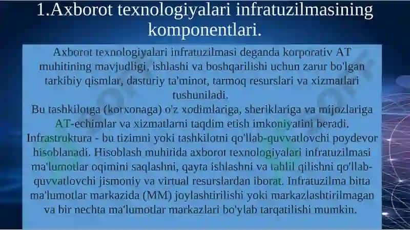 AXBOROT TEXNOLOGIYALARI VA MENEJMENT UNIVERSITETI“Axborot texnologiyalari” kafedrasiFan: “Iqtisodiyotda axborot-kommunikatsion tеxnologiyalar va tizimlar”Ma`ruzachi: dotsent M.S.OrtiqovQarshi -2025 2-MA`RUZA. “AXBOROT TEXNOLOGIYA-LARINING INFRATUZILMALARI” 3