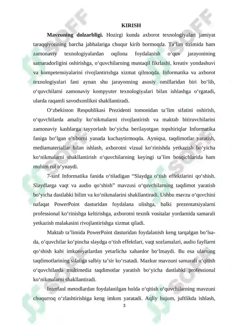 Umumiy orta talim maktablarining 7-sinfida Informatika va AT fanidan “Slaydga o‘tish effektlarini qo‘shish. Slaydlarga vaqt va audio qo‘shish” mavzusini o‘qitishda interfaol metodlardan foydalanish 3