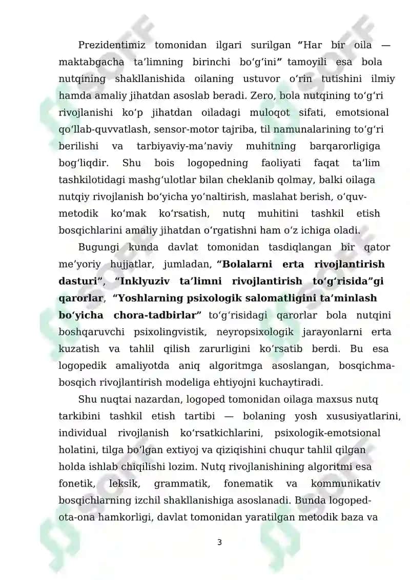 Logopedning oilaga maxsus nutq tarkibini tashkil qilish tartibi, bolada nutq rivojlanishining algoritmi 3
