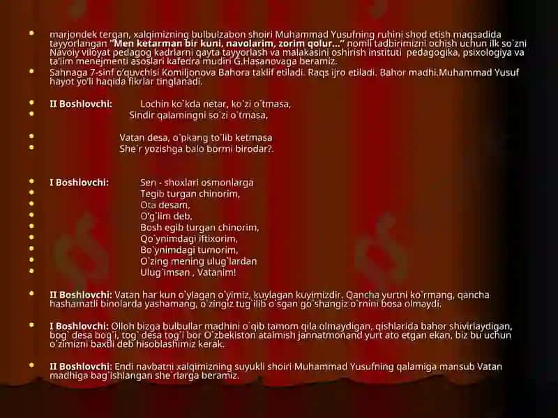 Muhammad Yusuf tavalludida bag`ishlangantadbir ssenariysi 3