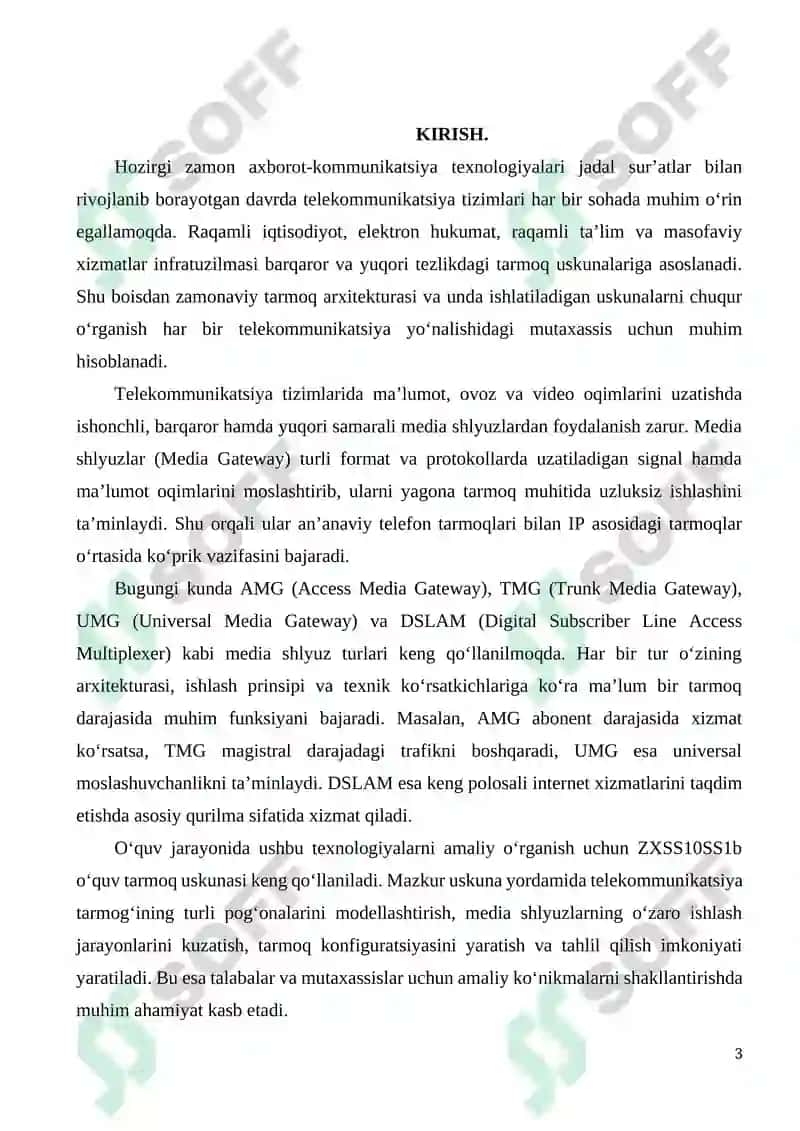 ZXSS10SS1b o'quv tarmoq uskunalari,media shlyuzlari turlarini o'rganish, AMG, TMG, UMG, DSLAM mediashlyuzlarining xarakteristikalari. 3
