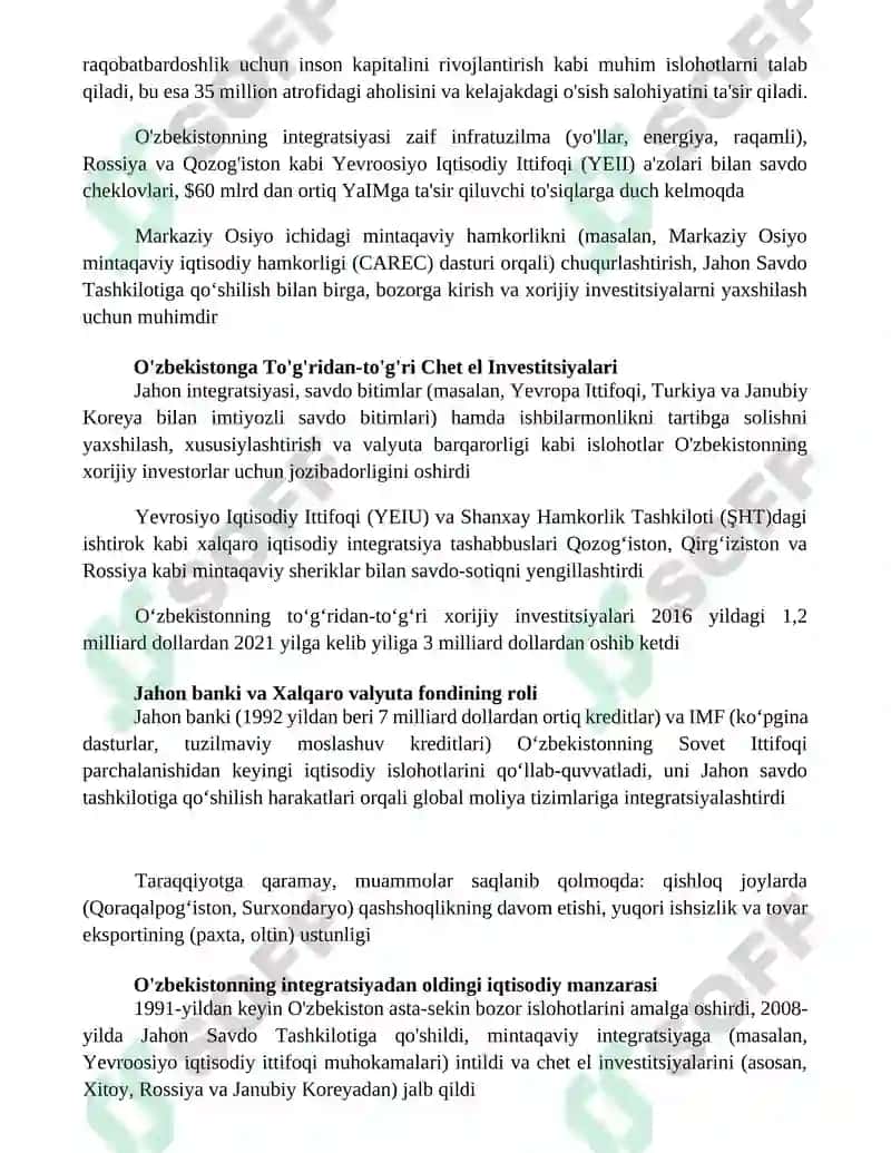 Xalqaro iqtisodiy integratsiya va O'zbekistonning Jahon hamjamiyatiga kirib borishi 3
