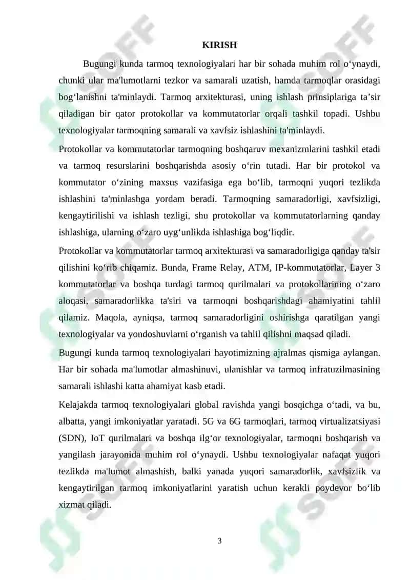 Kanal pog‘onasining protokollari (Frame Relay, ATM, Ethernet). Kommutatorning funksional modeli, turlari va MAC-jadvalning ishlash tamoyillari 3