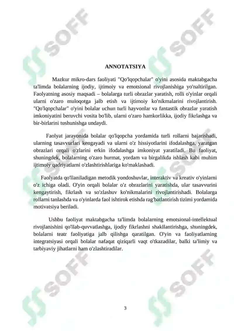Teatrlashgan o’yin, ertak; (o’rta guruh) ‘’Qo’lqopchalar’’. Sujetli-rolli va  sahnalashtiruvchi markazi 3