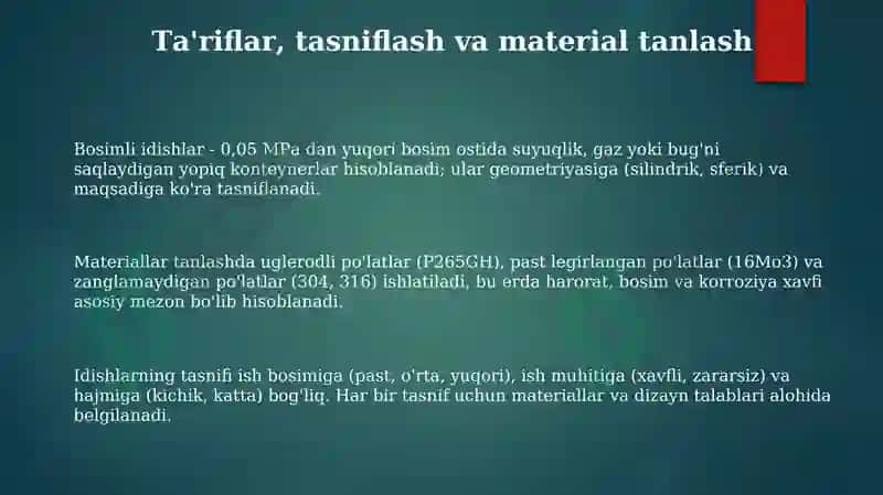 Bosimli idishlar va apparatlar: Ta'riflar, tasniflash va materiallar 3