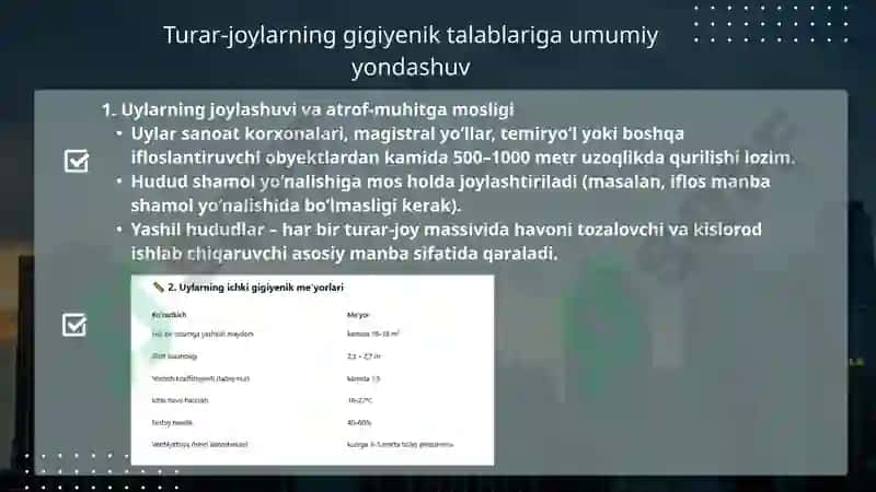 Zamonaviy turar-joylar va shaharlardagi yashash mavzelariga bo'lgan gigiyenik talablar 3
