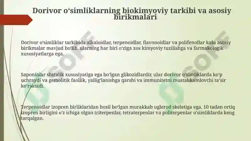 Dorivoroʻsimliklarning biokimyoviy tarkibi va ularning farmakologik ahamiyati 3