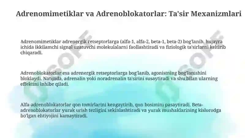 Adrenomimetiklar va Adrenoblokatorlar: Ta'sir Mexanizmlari va Farmakologik Ta'sirlar 3