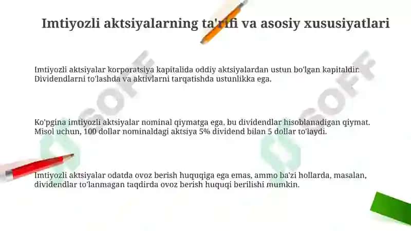 Imtiyozli aktsiyalarning asosiy xususiyatlari 3