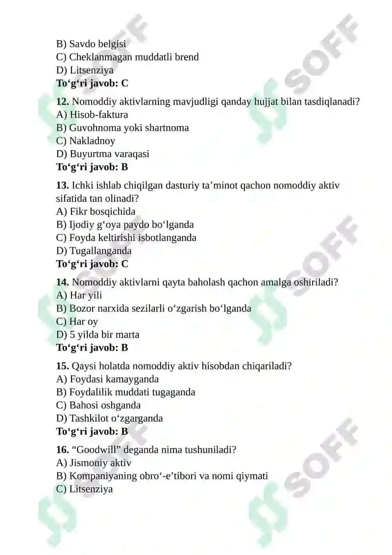 Nomoddiy aktivlar hisobi va ularni baholash tartibi test 3