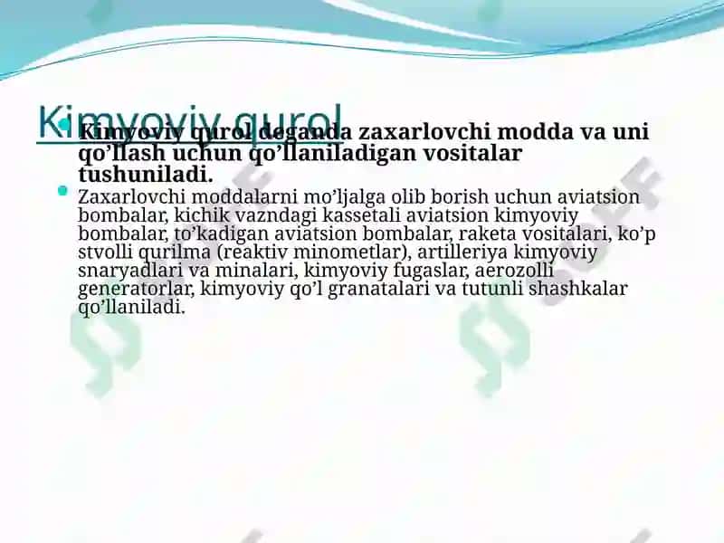 KIMYOVIY QUROL. ZAHARLI MODDALARNING TASNIFI. KIMYOVIY VAZIYATNI BAHOLASH 3