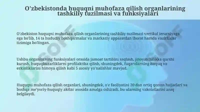 Oʻzbekistondagi huquqni muhofaza qiluvchi organlar. Adliya vazirligi va Bosh Prokuratura 3