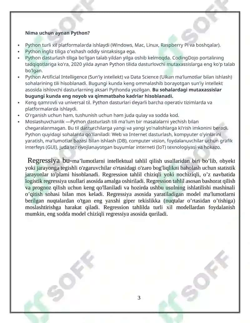 Python dasturlash tilining maxsus kutubxonalaridan foydalangan holda, uyni xarakterlovchi ko’p sondagi xususiyatlari asosida uning narxini va sinf(biznes, ekanom)ini bashorat qiluvchi regression modelni qurish va model aniqligini baholash 3
