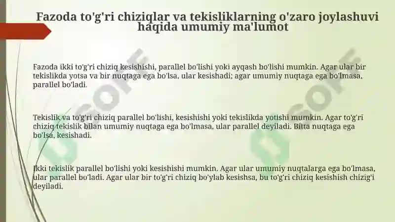 Fazodatoʻgʻrichiziqlarhamdatekisliklaroʻzarojoylashuvi 3