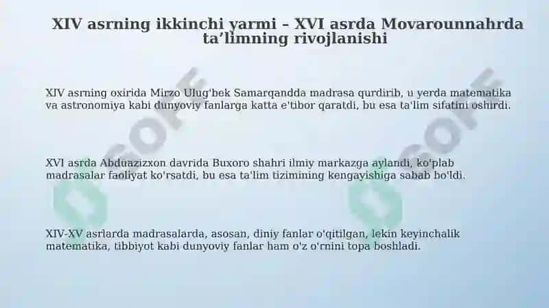 Ta'lim va maktablar Movarounnahrda XIV-XVI asrlarda 3