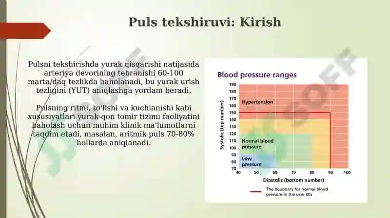 Pulsni tekshirish. Arterial bosim. Arterial bosimni o‘lchash. Gipertoniya va gipotoniya 3