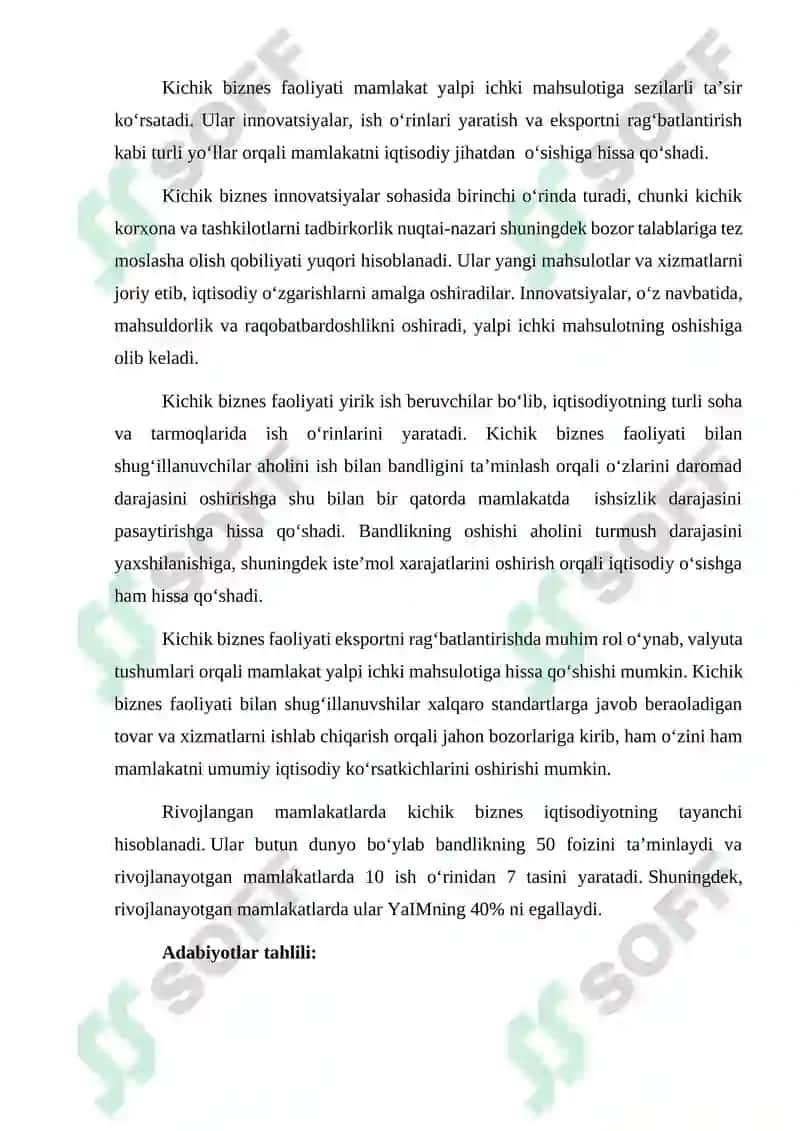 Mamlakat yalpi ichki mahsulotini rivojlantirishda kichik biznesni o‘rni va duch kelishi mumkin bo‘lgan muammolar tahlili 3