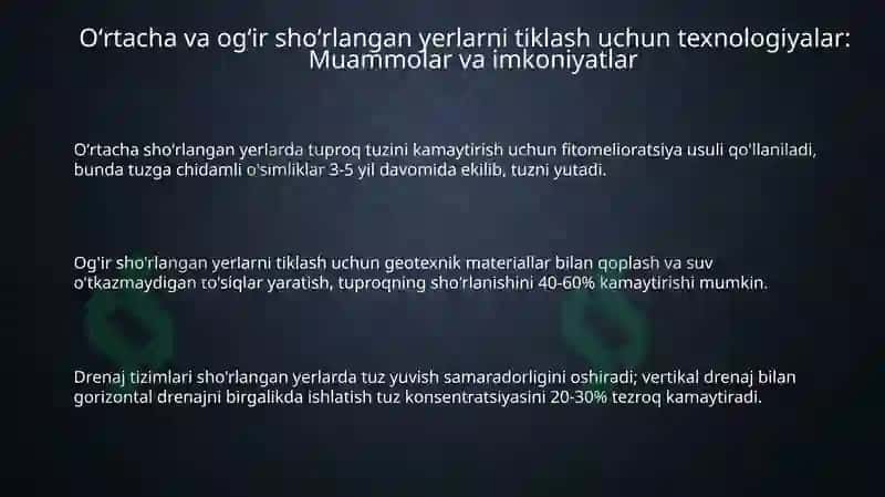 Oʻrtacha va kuchli shoʻrlangan yerlarni tiklash uchun texnologiyalar 3