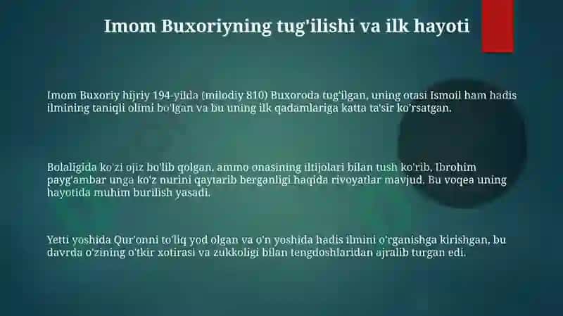 Imom Buxoriy hayoti va faoliyatini oʻrganish 3