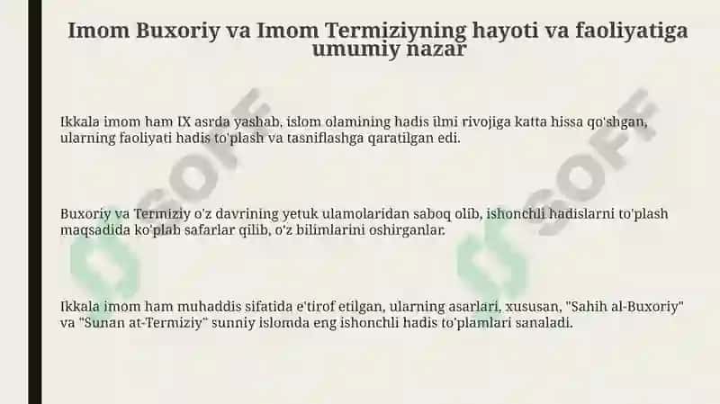 Imom Buxoriy va Imom Termiziyning hadis ilmiga qo'shgan hissalarini qiyosiy tahlili 3