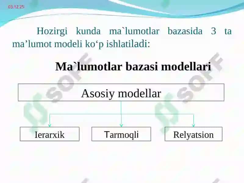 Bеrilganlarning iеrarхik mоdеli. Daraхtlar. Tеrma va shajaraviy fayl. Bir jinsli tuzilishlar. Bеrilganlarning tarmоq mоdеllari 3