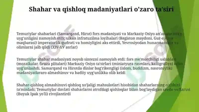 AMIR TEMUR VA TEMURIYLAR DAVRIDA SHAHAR MADANIYATINING O'ZGA XOS XUSUSIYATLARI 3