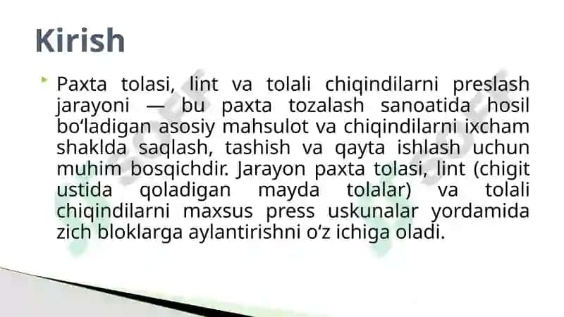 Paxtatolasi, lint vatolalichiqindilarni preslash jarayoni 3