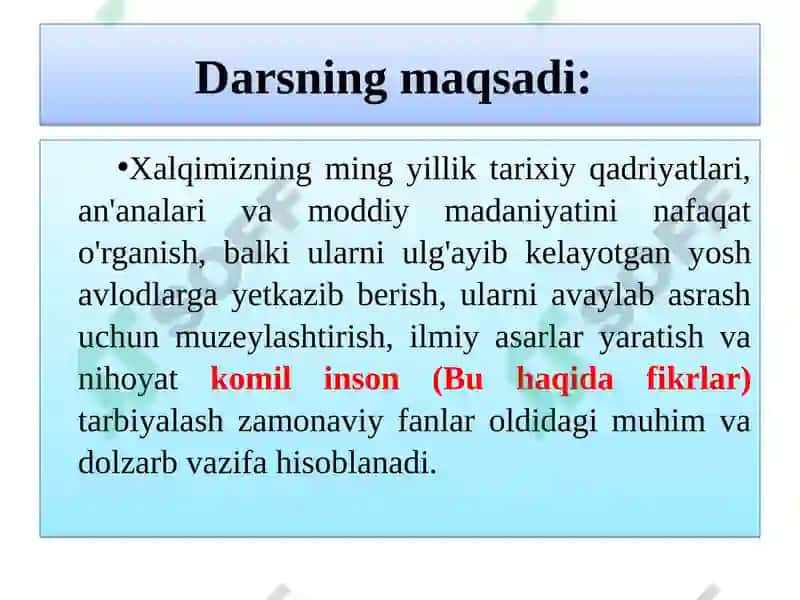KIRISH. O'ZBEKISTONNING MADANIYATI VA SAN'ATI TARIXI FANINING MAQSADI VA VAZIFALARI. 3