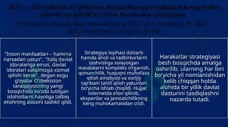 Yangi O‘zbekistonda Prezident Sh.M.Mirziyoyev rahbarligi vatashabbusi ostida amalga oshirilayotgan islohotlar 3